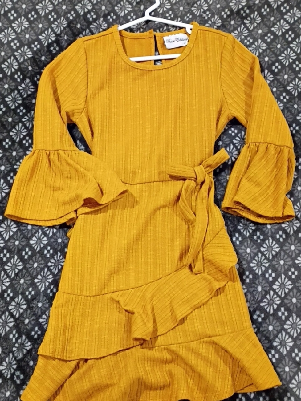 Rare Editions Mustard Ruffle Tie-Waist Dress